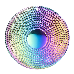 Close-up of rainbow plated stainless steel round pendant with honeycomb texture
