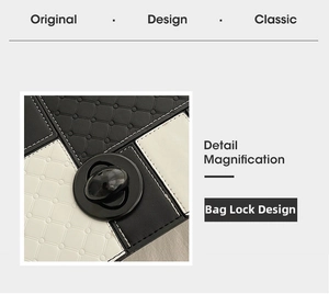 Close-up of black and white checkered quilted handbag featuring a round twist lock