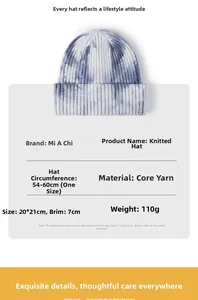 Detailed view of blue and white tie-dye knit beanie with core-spun yarn material specs