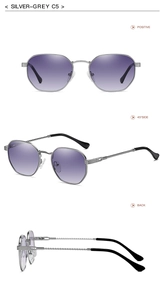 Multiple views of silver-grey metal sunglasses with purple gradient lenses and C5 frame