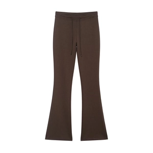 Women's dark brown flared casual sports pants with adjustable drawstring waist and elastic band