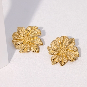 18k gold plated stainless steel petal stud earrings with hammered texture and floral design