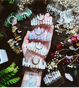 Natural obsidian crystal crown hair combs with silver moon accents on bohemian metal teeth