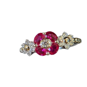 Vintage gold ring with red oval gemstone petals and clear zircon flower accents