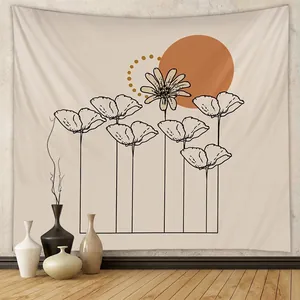 Tapisserie Fleur Art De Ligne Minimaliste Bohème Tenture Murale Abstraite Soleil Orange Tissu Polyester Décoration Chambre