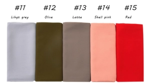 Detail view of colorful pearl chiffon scarves in light grey, olive, coffee, and shell pink