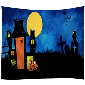 Halloween wall tapestry featuring a blue moon, haunted castle, and pumpkins on white background