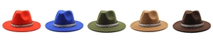 Flat lay of colorful wool fedora hats with vintage patterned bands in five distinct colors
