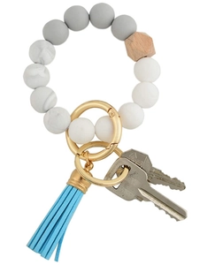Silicone bead wristlet keychain with wooden bead, leather tassel and gold clip