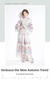 Detail view of ethnic boho floral dress with mandarin collar and flared long sleeves