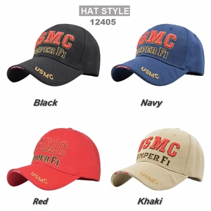 Détails des casquettes USMC en noir, bleu marine, rouge et kaki avec broderie tactique 3D
