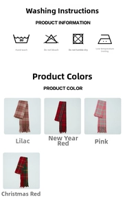 Detail view of plaid scarf colors and washing care instructions for winter scarves
