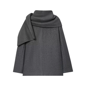 Minimalist grey wool coat with scarf collar design, long-length fashion overcoat for women