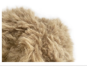 Detailed close-up showing the fluffy khaki faux fur texture of the knitted hat