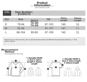 Detailed size chart for long sleeve side slit maxi dress with S, M, L measurements