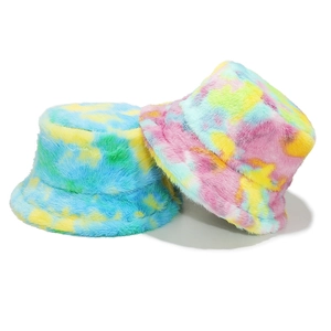 Colorful tie-dye faux fur bucket hats with gradient plush texture for winter warmth
