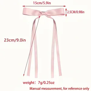 Pink satin long ribbon bow hair clip with detailed size measurements and 15cm width