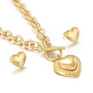 Gold stainless steel thick chain necklace set with heart pendants and stud earrings