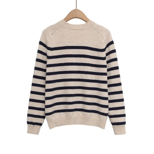 Classic round neck long-sleeve knit sweater with bold black and white horizontal stripes