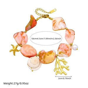 Golden stainless steel ocean theme jewelry set with pink shell beads and sea charms