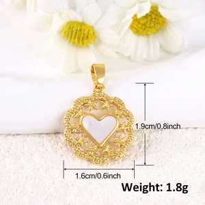 Gold heart pendant with shell inlay and star patterns, dimensions 1.9x1.6cm, weight 1.8g