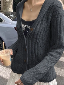 Detail of grey cable-knit cardigan with textured stitching and button-front design