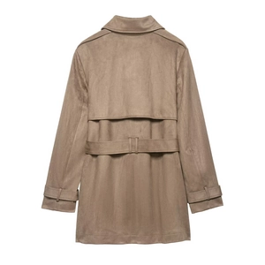 Women's mid-length tan faux suede trench coat featuring back rain shield and belted cuffs