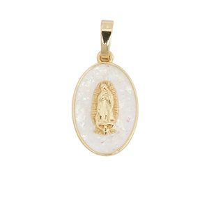 Oval 18k gold plated Virgin Mary pendant with iridescent white shell inlay for necklaces