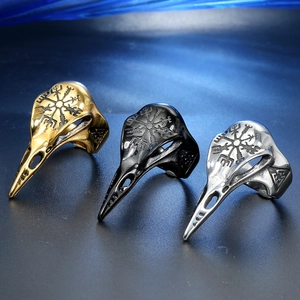 Viking bird skull rings in gold, black and silver stainless steel with Vegvisir symbol