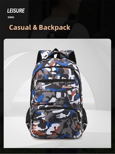 Macro detail of multi-pocket leisure backpack featuring blue camo pattern and fashion label