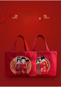 Detail view of red bridal canvas bag featuring traditional Chinese wedding illustrations
