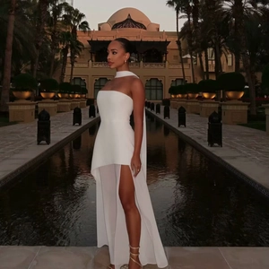 Elegant white strapless maxi dress with silk scarf collar and side slit detail