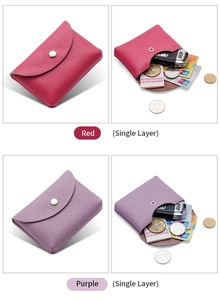 Detail of red and purple leather coin purses showing interior capacity for cards and keys