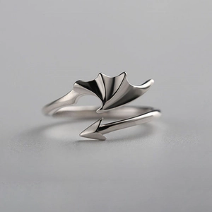 Minimalist silver devil wing open ring with adjustable bat wings and tail arrow design