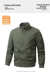 Detailed view of military green flight jacket with ribbed collar and utility sleeve pocket