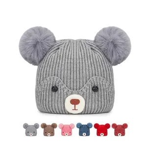 Baby Knitted Hat Soft Core Spun Yarn Winter Warm Windproof Cartoon Bear Double Faux Fur Pom Poms For Toddlers Infants