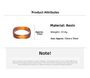 Detail view of square resin bangle with amber marble texture and size dimensions