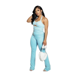 Chic blue and white striped halter crop top and flare trousers set for women