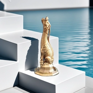 Miniature golden metal dragon statue with intricate scales on a stepped base