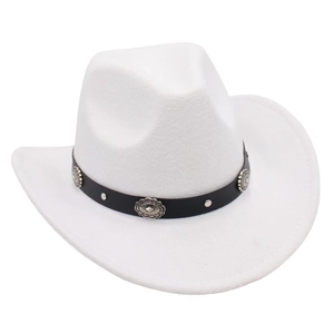 Detailed view of silver sunflower metal buckles on a white felt western cowboy hat band