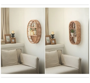 Detail of wall-mounted oval bamboo storage shelf showing hand-woven natural wood texture