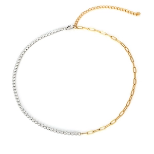 Minimalist bicolor necklace with tennis chain and golden paperclip links on white base
