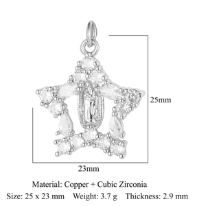 Star-shaped copper pendant with Virgin Mary engraving and cubic zirconia stones