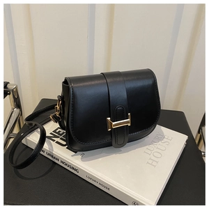 Close-up of black leather saddle bag with shiny gold buckle on art books