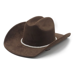 Chapeau de cowboy western classique en daim marron avec garniture de perles blanches