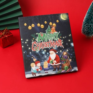Detailed cover of blue Christmas countdown gift box with Santa and reindeer illustration