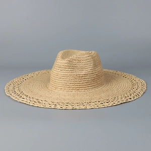 Women Wide Brim Raffia Fedora Hat Summer Beach Straw Sunshade Hollow Out Edge Hand Woven Jazz Style Fashionable Elegant