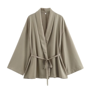 Women olive green kimono wrap top and straight pants set with waist belt for summer style
