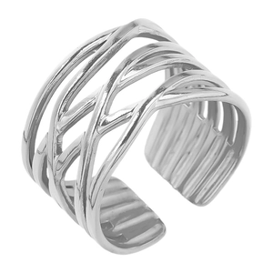 Detailed view of silver multi-layer crossover open ring in 304 stainless steel