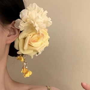 Elegant Fabric Flower Hair Clip With Faux Artificial Pearl Gold Tassel Duckbill Clip Handcrafted Floral Hairpin For Women Girls